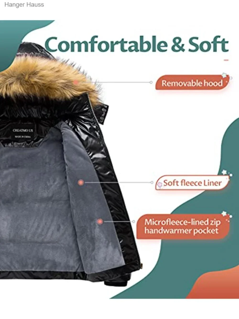 Kids Metallic Shiny Jacket with Detachable Fur Collar Warmth Winter Outerwear